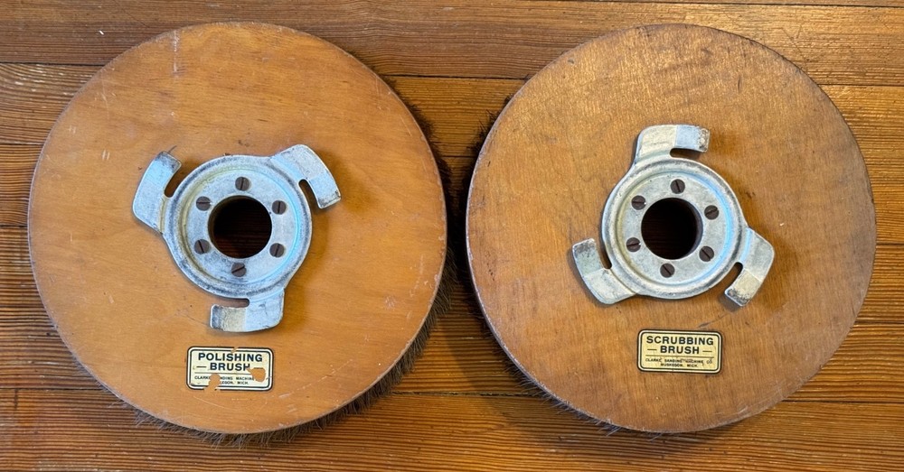 Vintage Wooden CLARKE SANDING MACHINE Scrubbing and Polishing Brushes – 11″