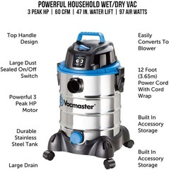 Vacmaster, VQ607SFD, 6 Gallon 3 Peak HP Stainless Steel Wet/Dry Shop Vacuum