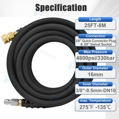 25′ Pressure Washer Hose Extension Cable 4000 PSI 25 ft Length Gray 3/8″ Coupler