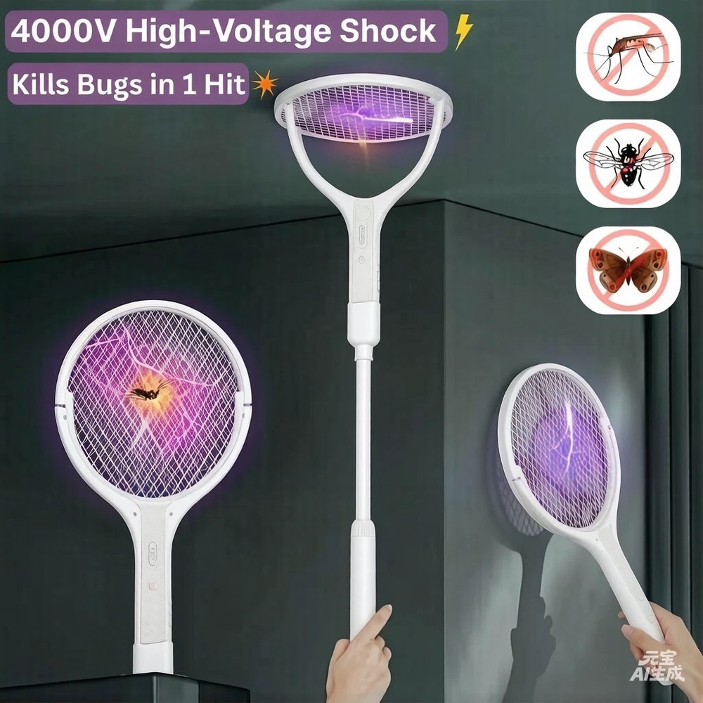 Electric Fly Swatter Racket Rechargeable Bug Zapper with a Telescopic Extensions