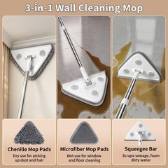 Long Handle Wall Mop & Baseboard Cleaner, 3-in-1 Cleaner White and Gray
