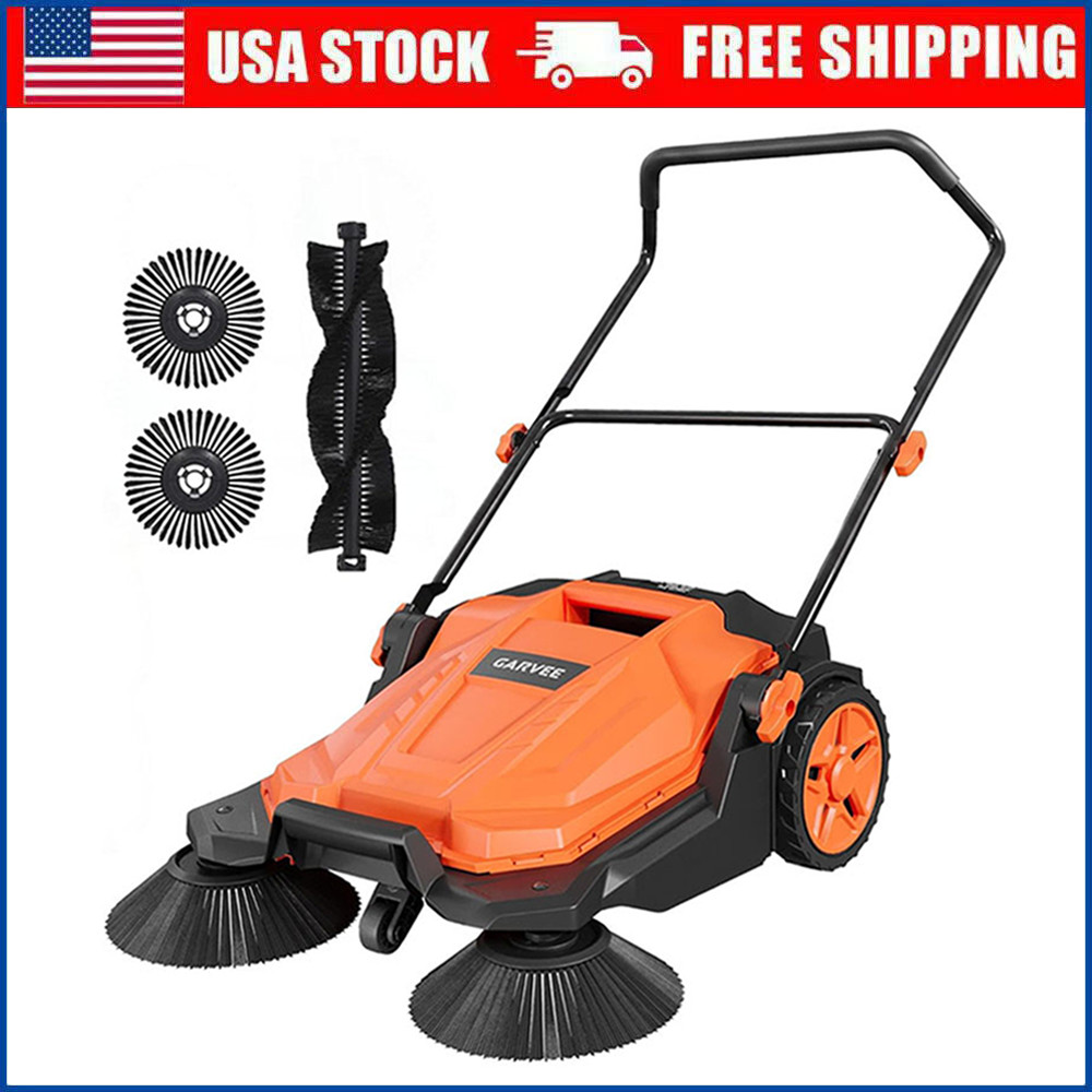 Walk-behind Hand Push Floor Sweeper w/25.6″ Width & 5-Gallon Waste Container