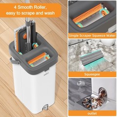 JUDRDO Mop and Bucket 61″ microfiber mop bucket set-4pads, White&gray