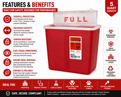 Covidien Kendall 5 Qt Sharps Container Counterbalanced Lid Biohazard Red Refill