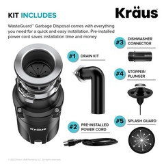 KRAUS WasteGuard 1/2 HP Continuous Feed Ultra-Quiet Motor Garbage Disposal wi…