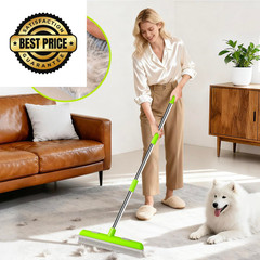 Pet Hair Removal Rubber Broom, Carpet rake with Squeegee for Cleaning Green