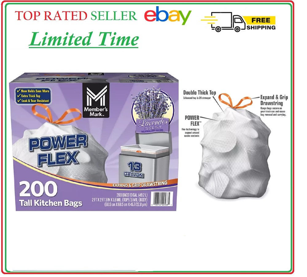 Member’s Mark Power Flex 13-Gallon Tall Kitchen Trash Bags, Lavender, 200 ct