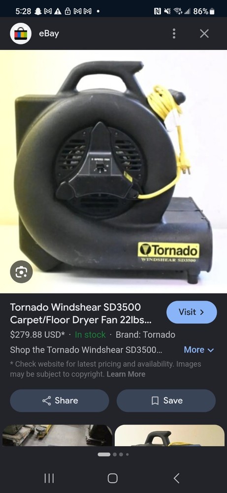 Tornado Windshear SD3500 Carpet/Floor Dryer Fan 22lbs Lightweight Air Blower