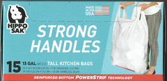 15 Hippo Sak TALL KITCHEN BAGS Liners 13 gallon White w/ super Strong Handle USA