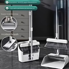 3in1 Broom and Dustpan Combo with Cleaning Teeth, Adjustable Long Handle, 180° R