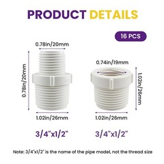 SATUY 16Pcs PVC Pipe Fittings Reducer Bushing Coupling, 1/2″ x 3/4″, White