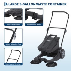 Walk-Behind Hand Push Floor Sweeper, 25.6 Inch Wide with 5 Gallon Waste Bin