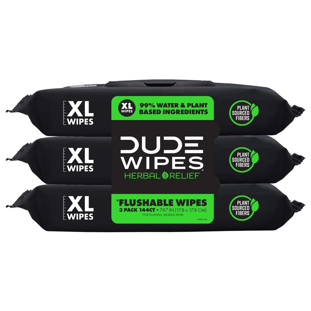 DUDE Wipes Flushable Wipes 3 Pack (144 XL Wipes) Herbal Relief