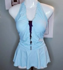 One Piece Swimsuit Light Blue Navy Blue Deep V Ruffle Skirt Bathing Suit Size L