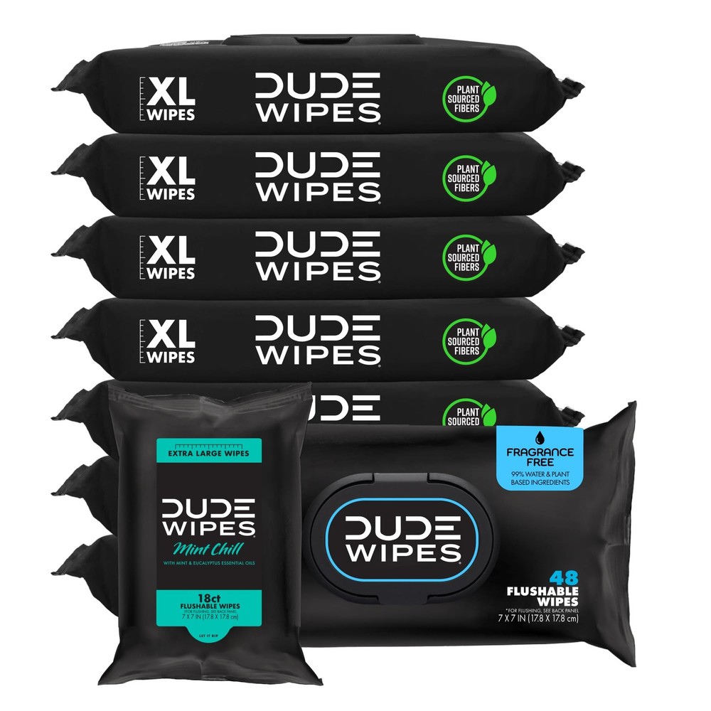 DUDE Wipes Unscented Flushable – 48 Count (Pack of 8), Black