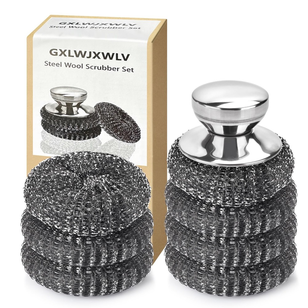7PCS Steel Wool Scrubber Pads, Stainless Set with 1PCS Silver