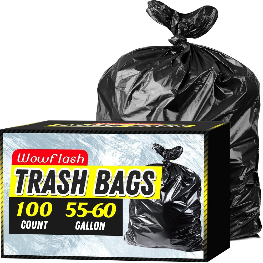 Wowflash 100 Count 55-60 Gallon Trash Bags Sturdy Tear-Resistant Commercial Can