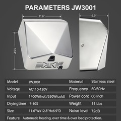 JETWELL Upgrade HEPA Filter HighSpeed Commercial Stainless Steel Auto Hand Dryer