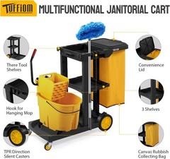 Black 3-Shelf Janitorial Cart Housekeeping Cart with 15-Gallon Yellow Bag & Lid