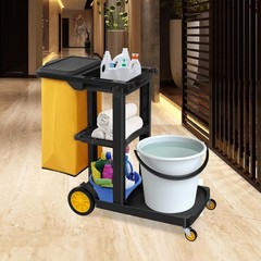 Black 3-Shelf Janitorial Cart Housekeeping Cart with 15-Gallon Yellow Bag & Lid