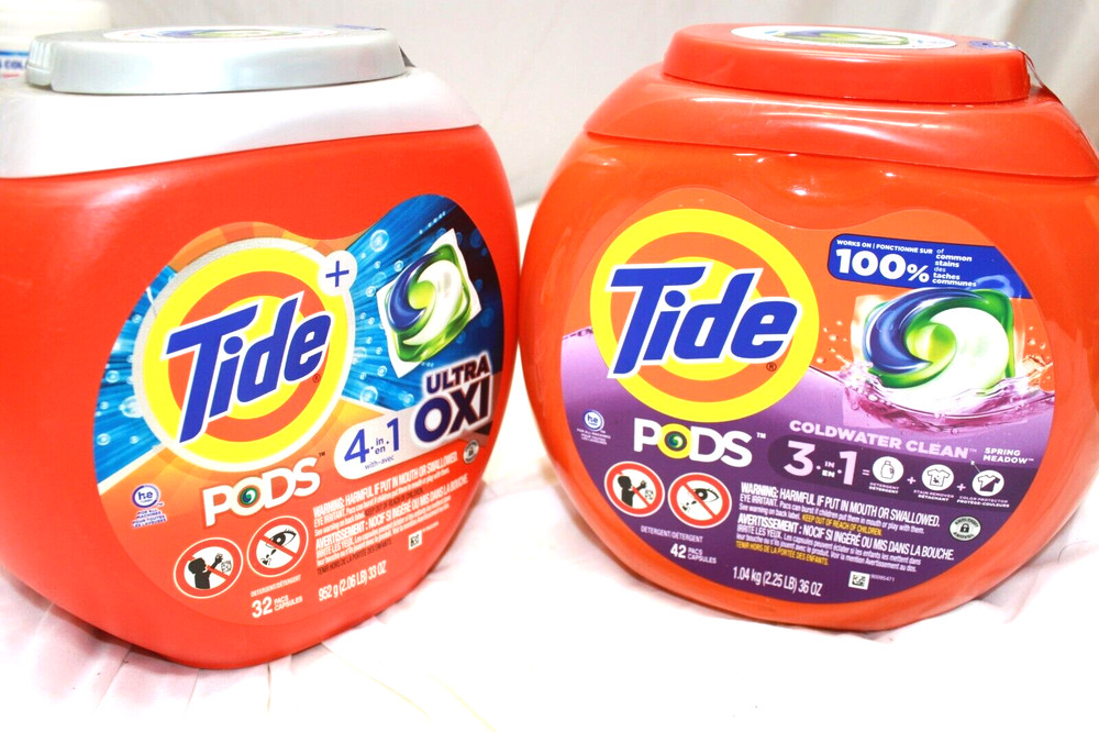 Tide PODS Detergent Pacs, 4-n-1 Ultra Oxi, and 3-n-1 HE Compatible 74 Count LOT