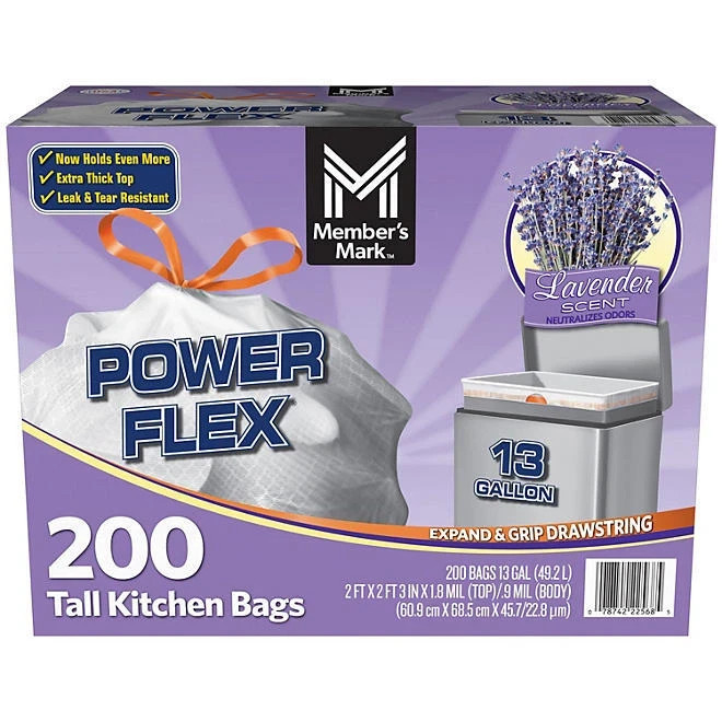 Member’s Mark Power Flex 13-Gallon Tall Kitchen Trash Bags, Lavender, 200 ct