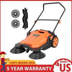 Walk-Behind Hand Push Floor Sweeper 25.6″ Width Sweeper 5-Gallon Waste Container