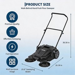 Walk-Behind Hand Push Floor Sweeper, 25.6 Inch Wide with 5 Gallon Waste Bin