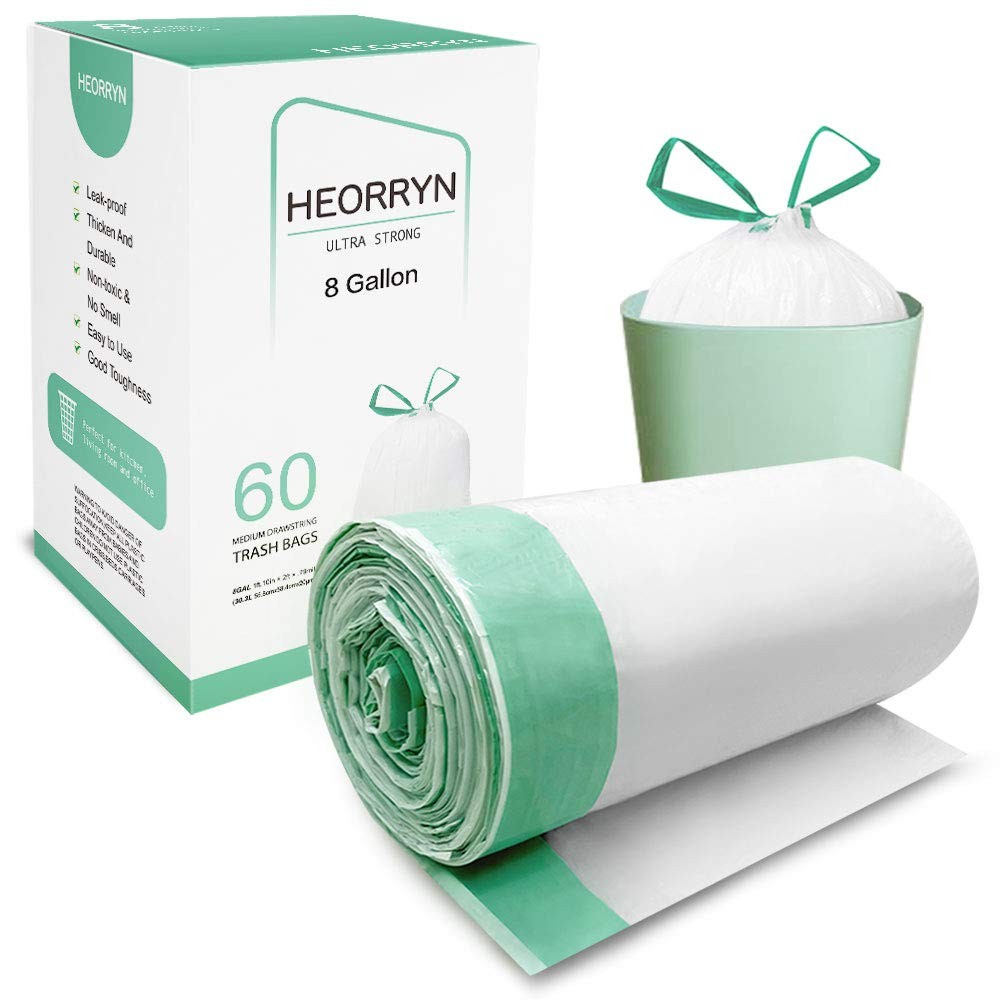 8 Gallon Drawstring Trash Bags-0.79 Mil Ultra 1 Count (Pack of 60), Green