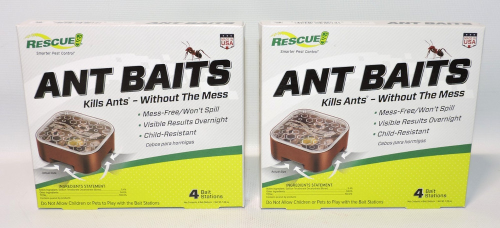 LOT OF 2 Rescue Ant Bait 4 Indoor Bait Stations Ea, 8 Total, Kills Mess-Free NEW