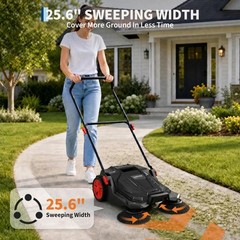 Walk-behind Hand Push Floor Sweeper w/25.6″ Width & 5-Gallon Waste Container