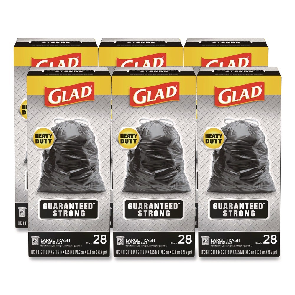 Glad 78966 30″ x 33″ Three-Ply Large Drawstring Trash Bags – Black (168/CT) New