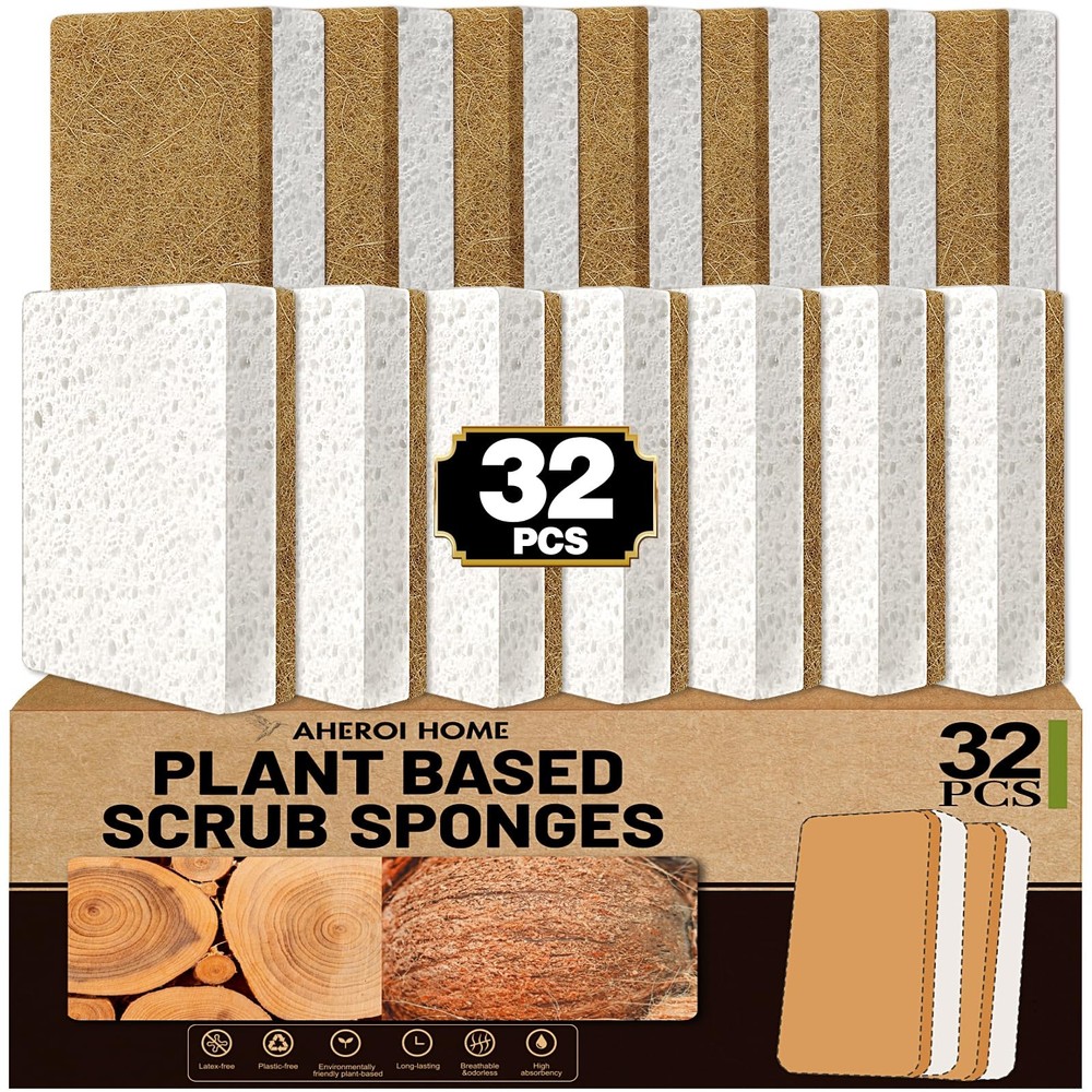 Aheroi Natural Dish Sponge, 32 Count FSC Certified Plant-Based 32 Pcs, 32 Pcs