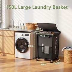 150L Laundry Basket with Wheels, Rolling Laundry Hamper with Cloth Cover, Lau…