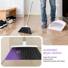 Broom with Dustpan Combo Set for Home, 52-in Long Adjustable White-purple