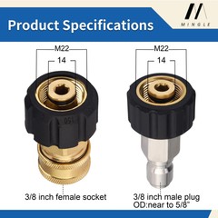 M MINGLE Pressure Washer Hose Adapter Set, M22 to 3/8 Quick Connect, Black
