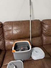 Rectangular Plastic Mop Bucket Set, Comfort Handle, Gray/Orange, Mop Heads
