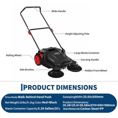 Walk-Behind Hand Push Floor Sweeper, 25.6 Inch Wide Manual Non-Electric Sweeper