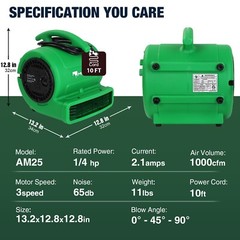 MOUNTO 1/4HP 1000CFM Air Mover Floor Blower Fan for Drying, Cooling, Circulation