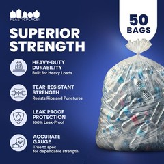 Plasticplace 95-96 Gallon Garbage Can Liners 2 Mil Clear Heavy Duty Trash Bags