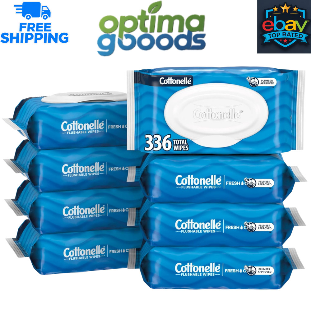Cottonelle Flushable Wipes 8 Packs (336 Total) Adult Wet Wipes Flip-Top Lids.