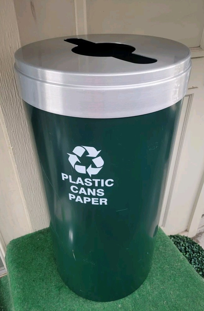 Glaro 23 GALLON Round Steel Recycling Bin, GREEN/GREY. PRE-OWNED $649 RETAIL