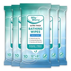 WhyWorry Ultra Thick Bathing Wipes for Adults 10 Count (Pack of 5), White