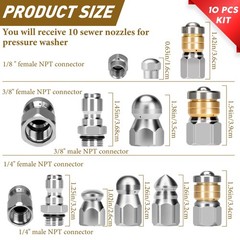 10pcs Sewer Jetter Nozzle Kit Stainless Steel 1/4″ and 3/8″, Silver