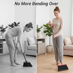 Zeawec Broom with Dustpan Combo Set, Long Handle Upright Standing Red & Gray
