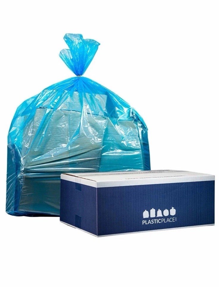 Plasticplace 55-60 Gallon Recycling Bags – Blue, Case of 100 Garbage Bags 1.2mil