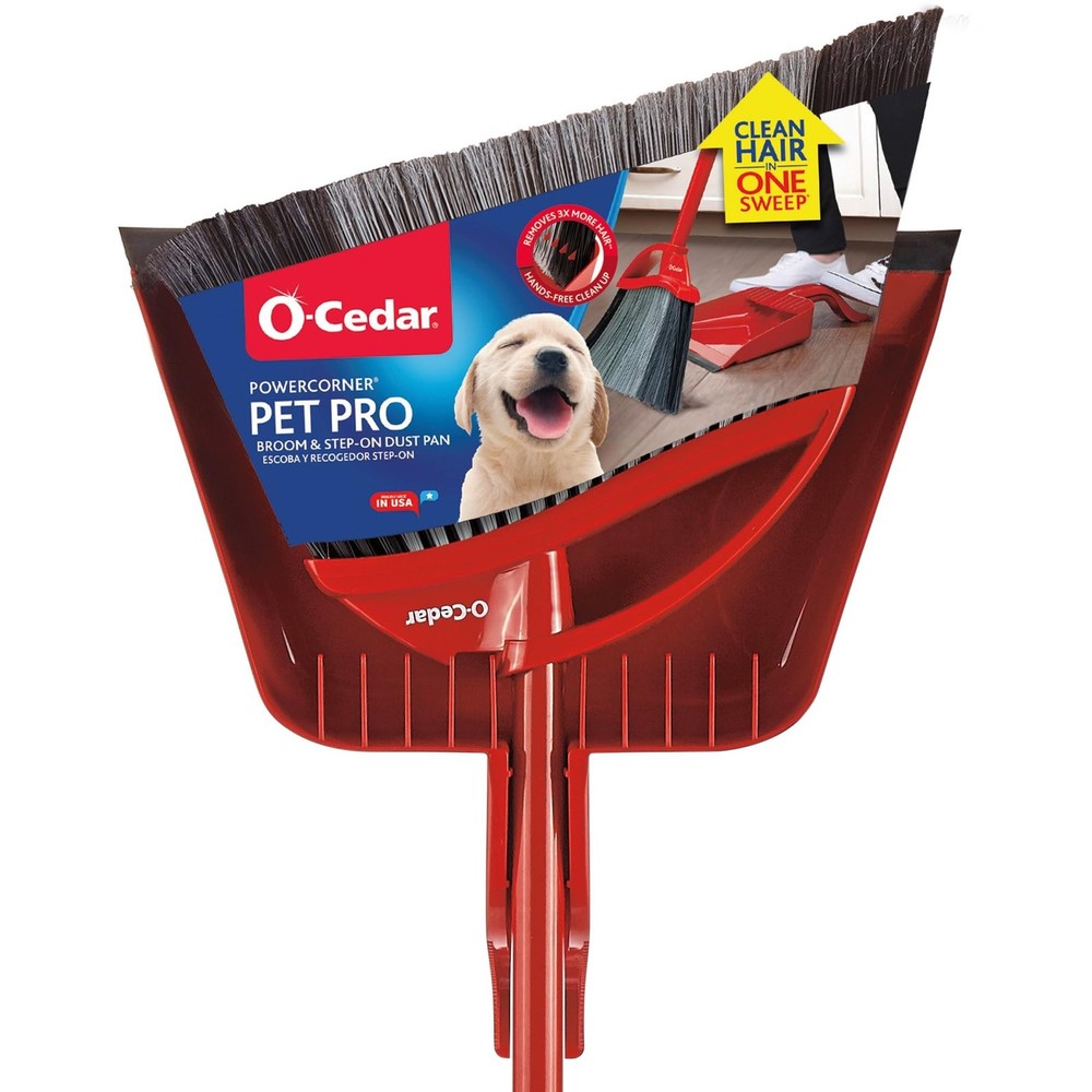 O-Cedar Pet Pro Broom with Step-On Dustpan | PowerCorner Broom, Red