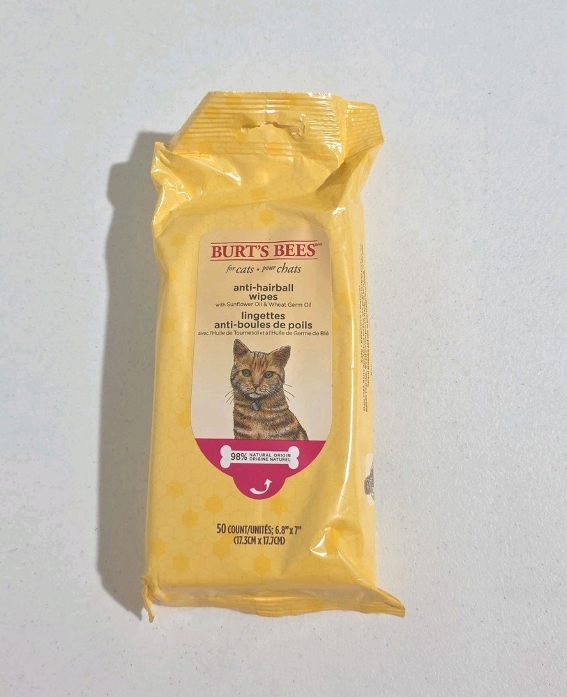 Burt’s Bees Anti-Hairball Wipes for Cats – 50 ct – 98% Natural Formula