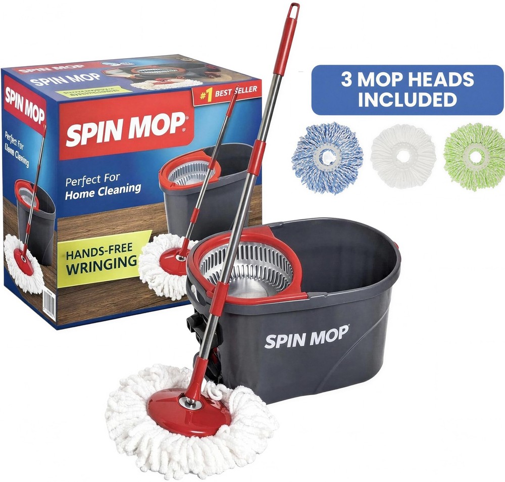 SIMPLI-MAGIC 79349 Spin Mop Cleaning System with 3 Microfiber Kit, Red/Black