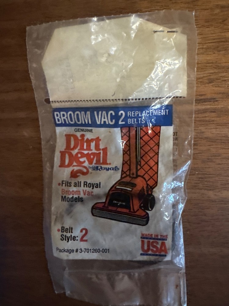 Royal Dirt Devil Broom Vac 2 Replacement Belts Package 3-701260-001 new sealed